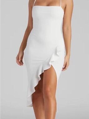 Windsor White Asymmetric Ruffle Slip Dress